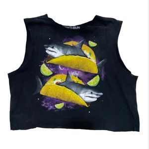 SHARK TACOS Tank Crop Top Cutoff Gym Shirt Crazy Weird Unique Eccentric Funny M